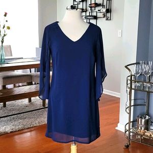 Luxology Blue Flowy 3/4 Sleeve Sheath Midi